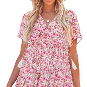 SHEWIN Women's Summer Boho Floral Casual V Neck Short Sleeve Ruffle Dresses